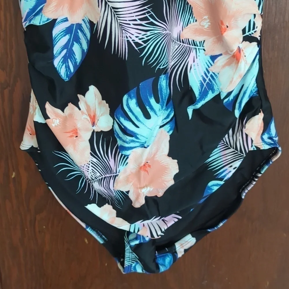 DKNY Floral Black Tie Halter One Piece Swimsuit Size XXL - Picture 3 of 6